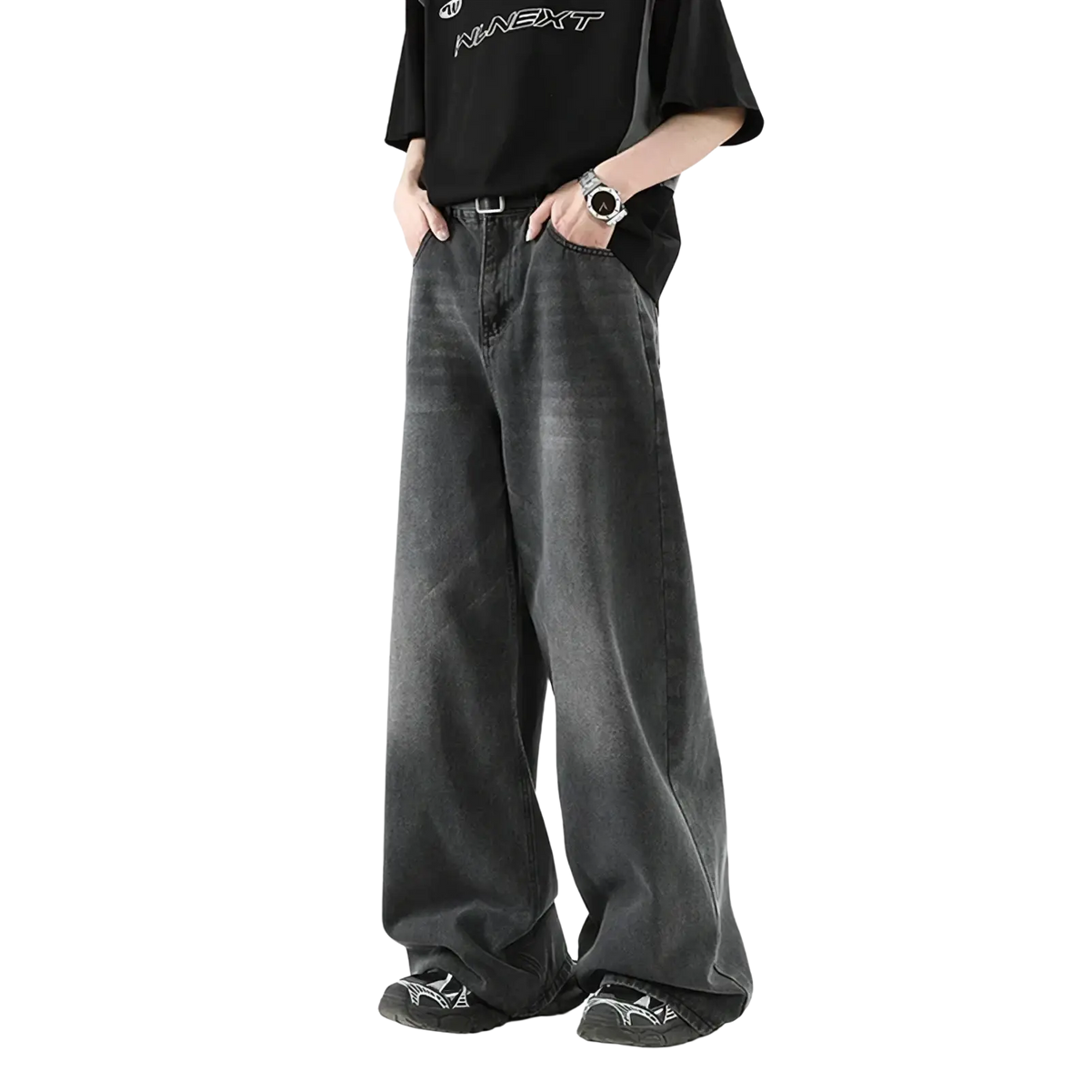 Men wide leg denim jeans in dark gray with a relaxed fit and subtle fading for casual wear