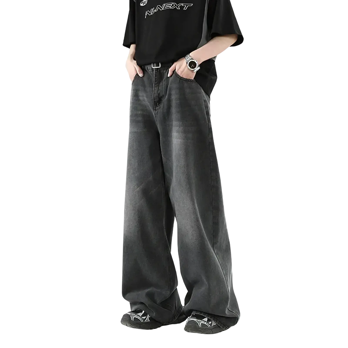 Men wide leg denim jeans in dark gray with a relaxed fit and subtle fading for casual wear