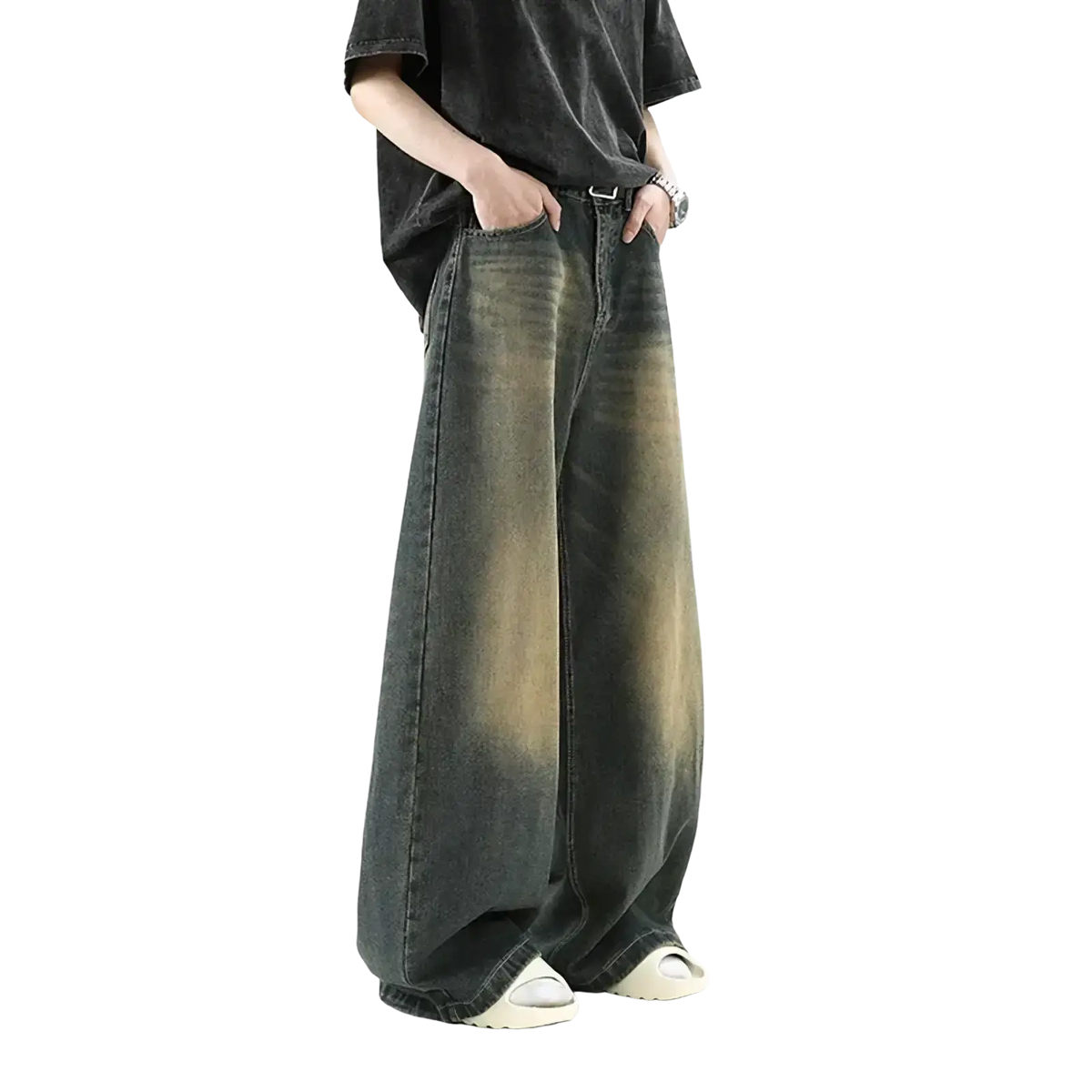 Men wide leg denim jeans in dark wash with faded gradient effect loose casual trousers style