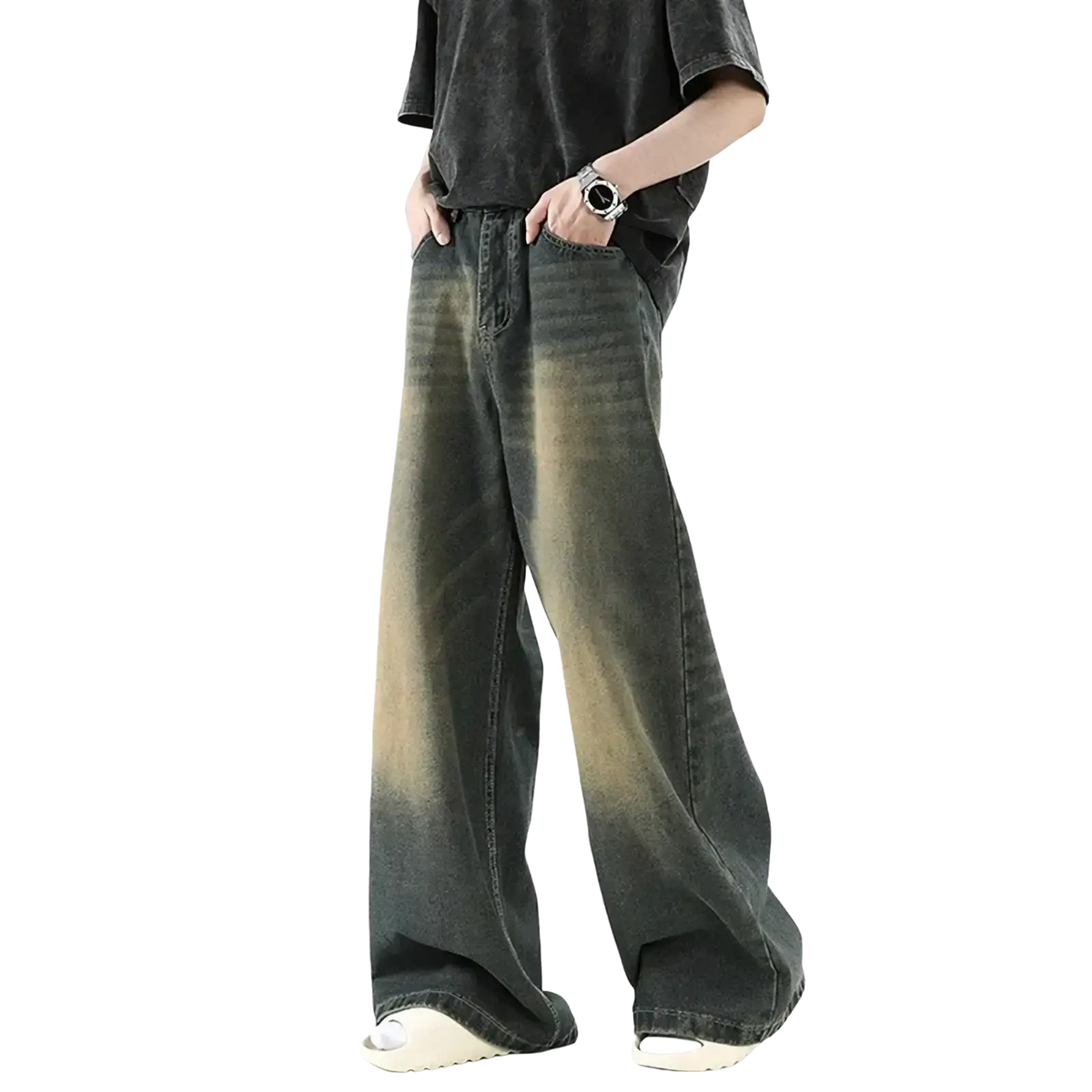 Men wide leg denim jeans in dark wash with a faded gradient effect transitioning to lighter tones at the bottom