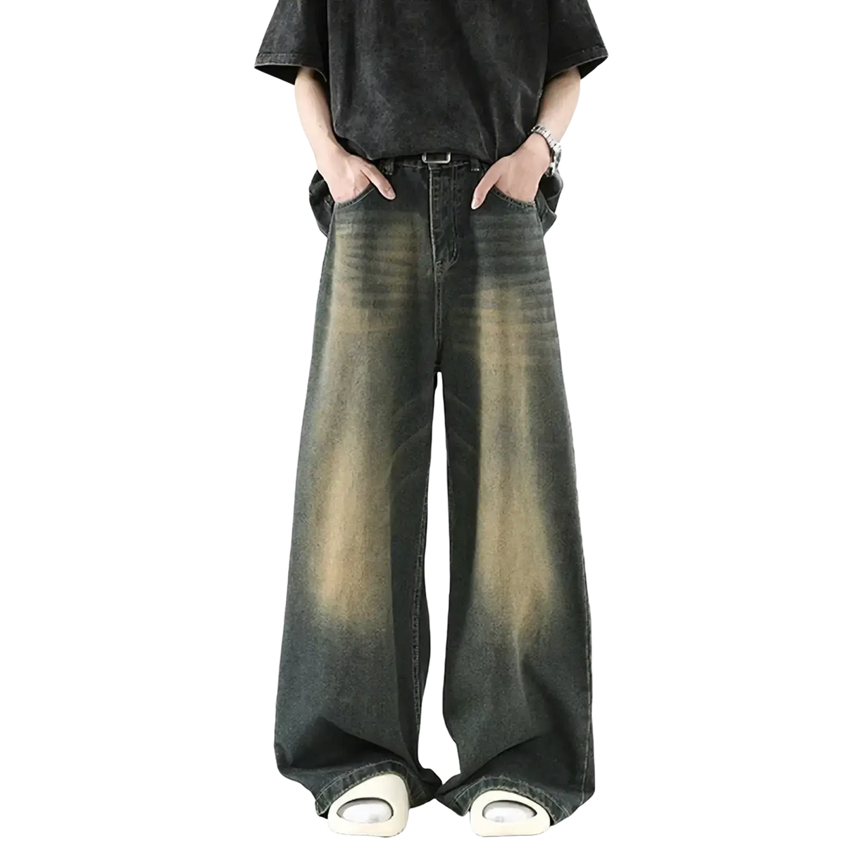 Men wide leg denim jeans in dark wash with faded distressed look and loose casual trousers design