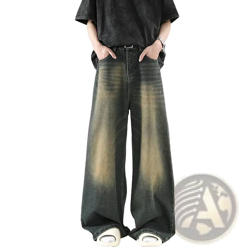 Men wide leg denim jeans in dark wash with faded distressed look loose casual cotton trousers