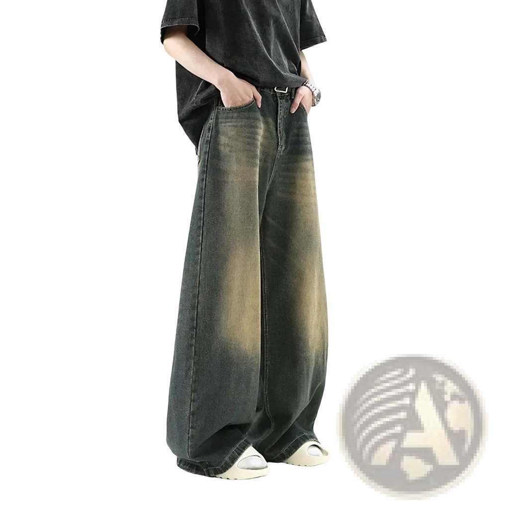 Men wide leg denim jeans with faded dark gray to olive green gradient wash and classic stitching for casual wear