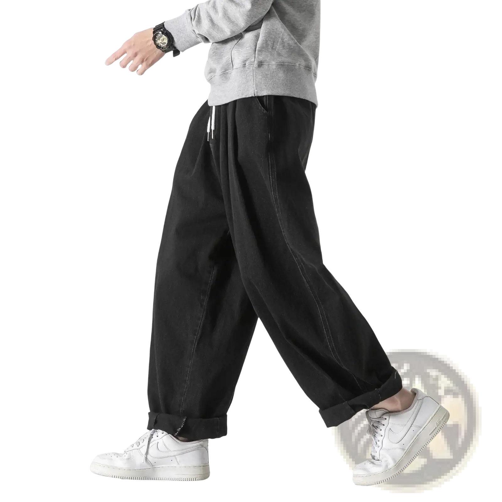 Men wide leg denim jeans in black with loose fit cargo style, drawstring waist, and cuffed hems for hip hop fashion
