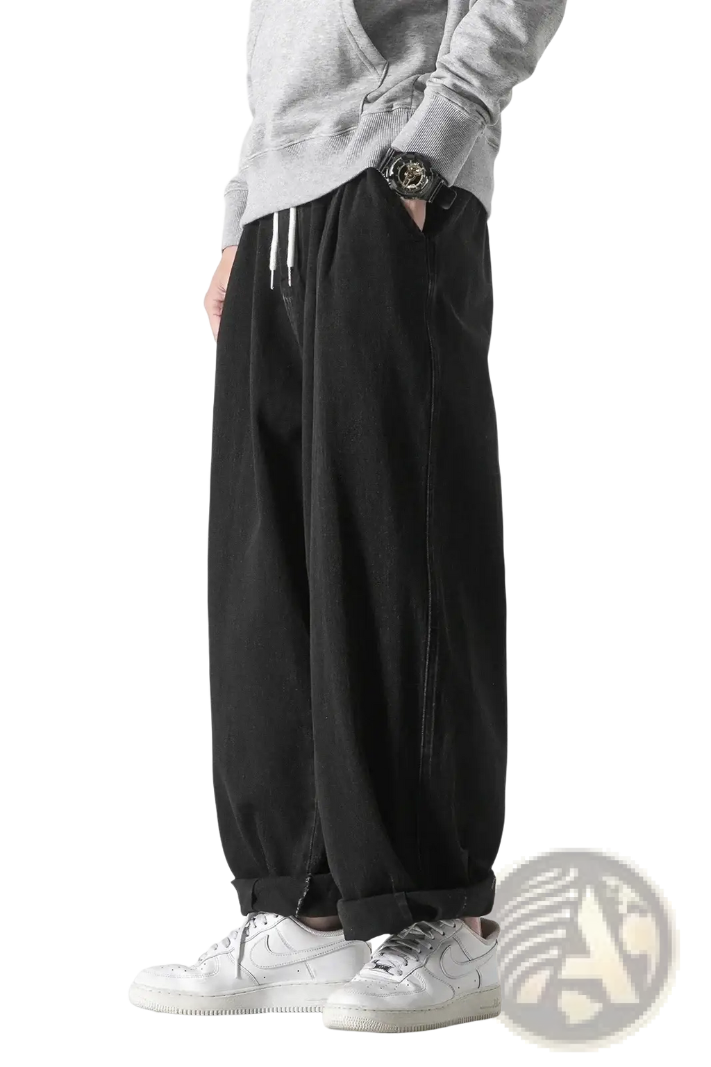 Men wide leg denim jeans loose hip hop trousers in black with white drawstrings and cuffed hems in a loose fit