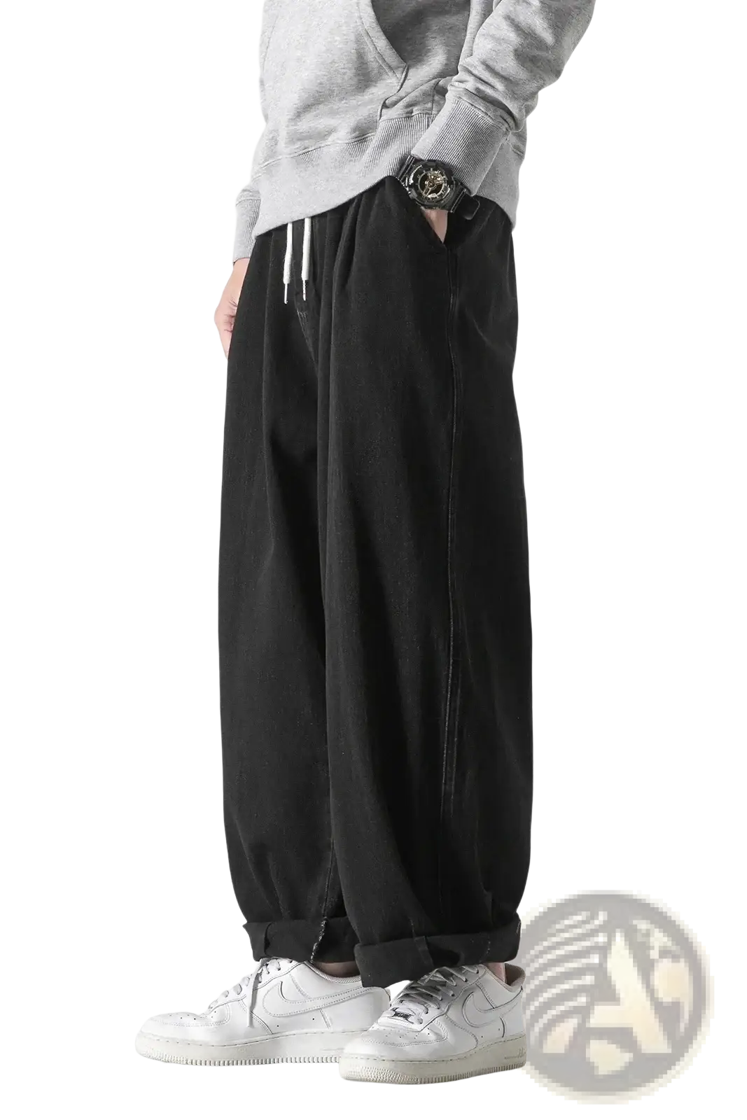 Men wide leg denim jeans loose hip hop trousers in black with white drawstrings and cuffed hems in a loose fit