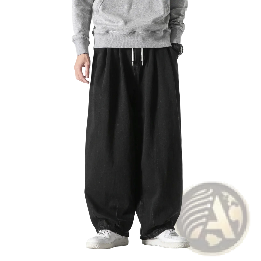 Men wide leg denim jeans loose hip hop trousers in black with drawstring waist and elastic cuffs