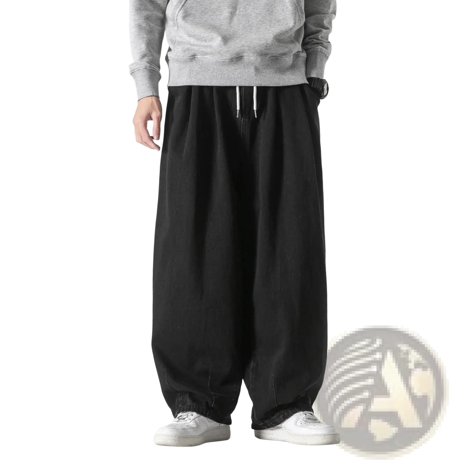 Men wide leg denim jeans loose hip hop trousers in black with drawstring waist and elastic cuffs