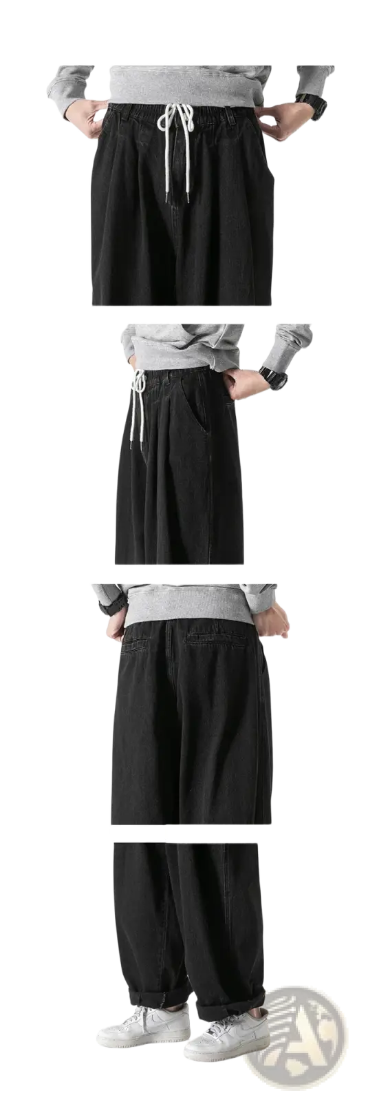 Men wide leg denim jeans in black with a drawstring waist and relaxed fit suitable for hip hop style