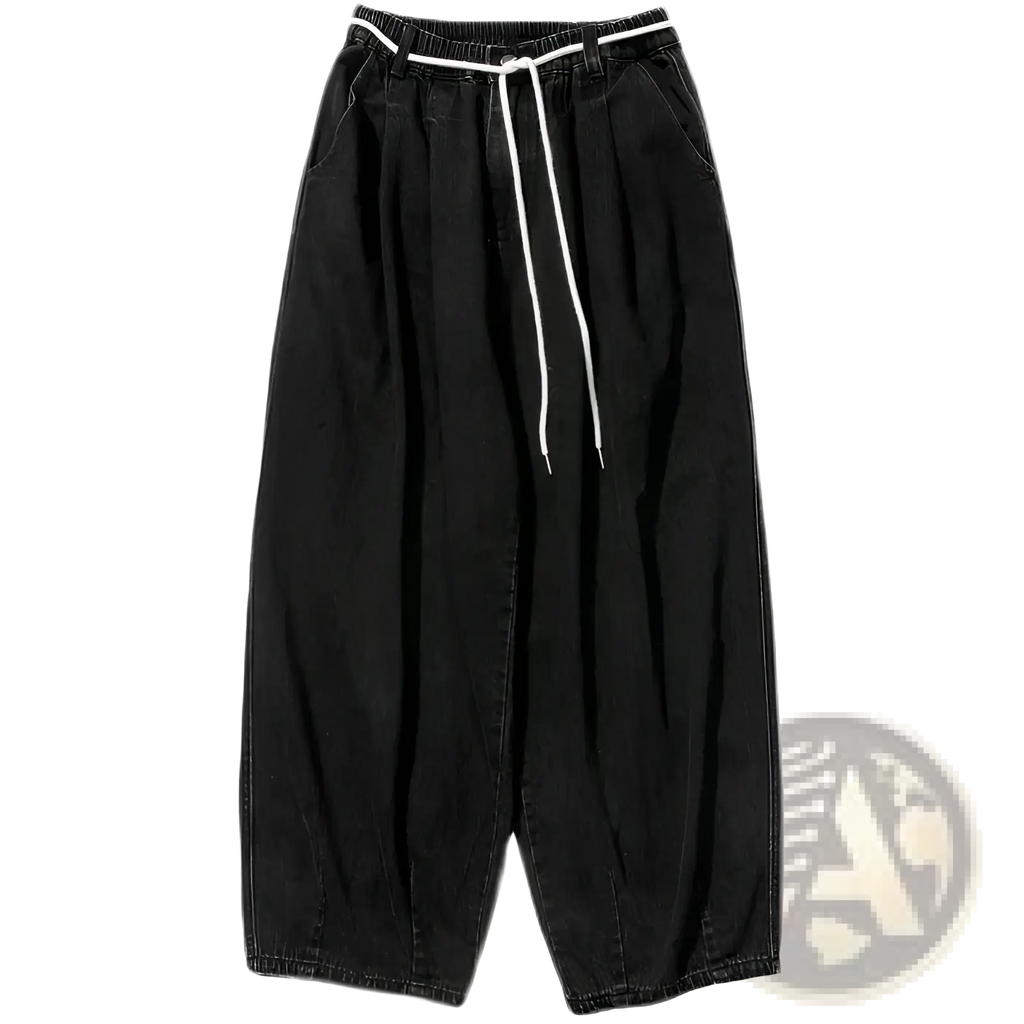 Black wide leg denim jeans with a white drawstring waistband designed for loose hip hop style trousers for men