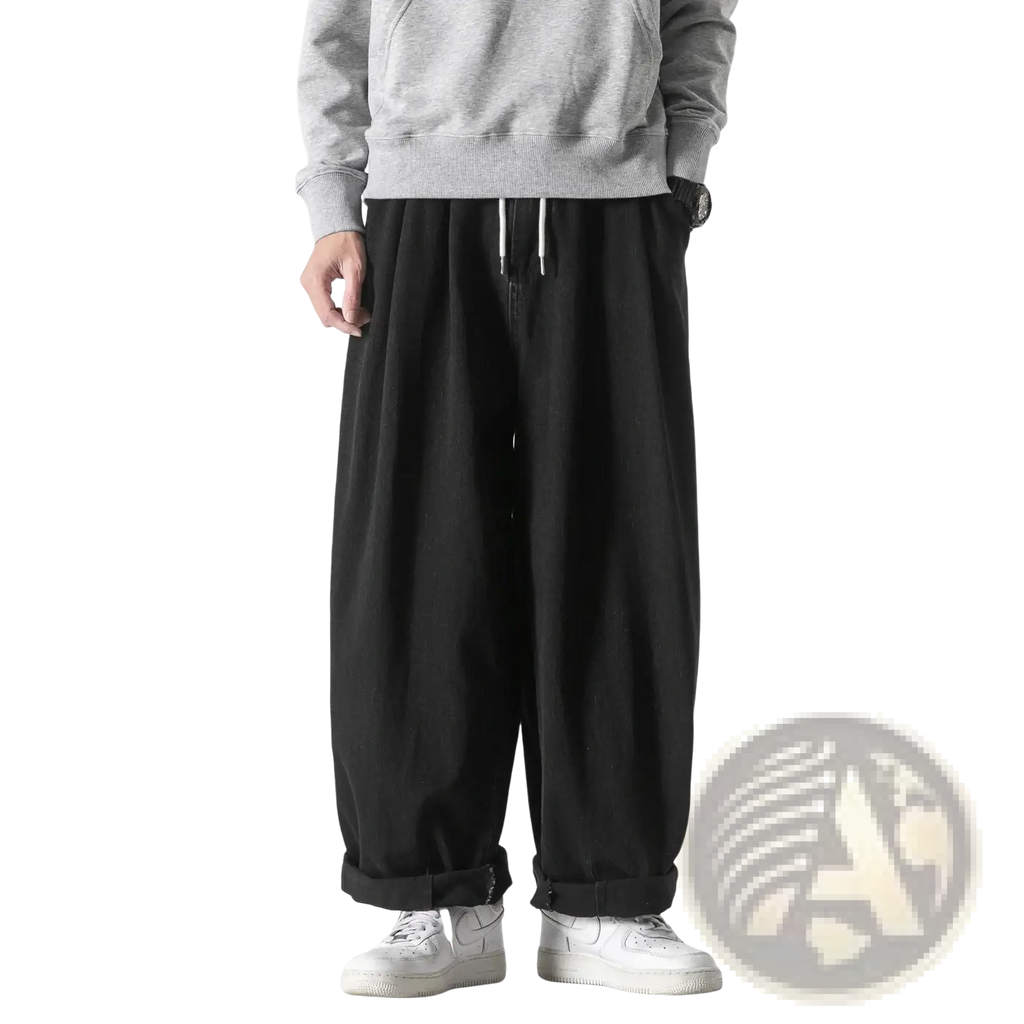 Men wide leg denim jeans in black loose fit with drawstring waist and cuffed hems hip hop trousers