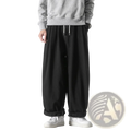 Men wide leg denim jeans in black loose fit with drawstring waist and cuffed hems hip hop trousers