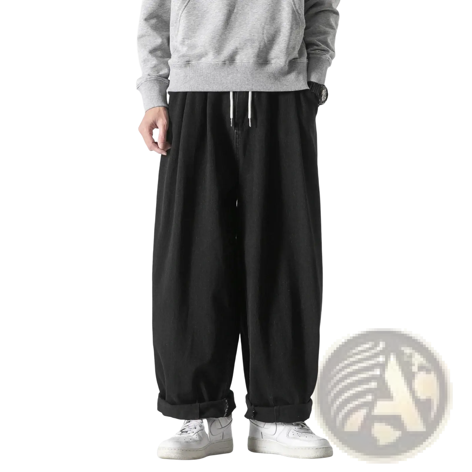 Men wide leg denim jeans in black loose fit with drawstring waist and cuffed hems hip hop trousers