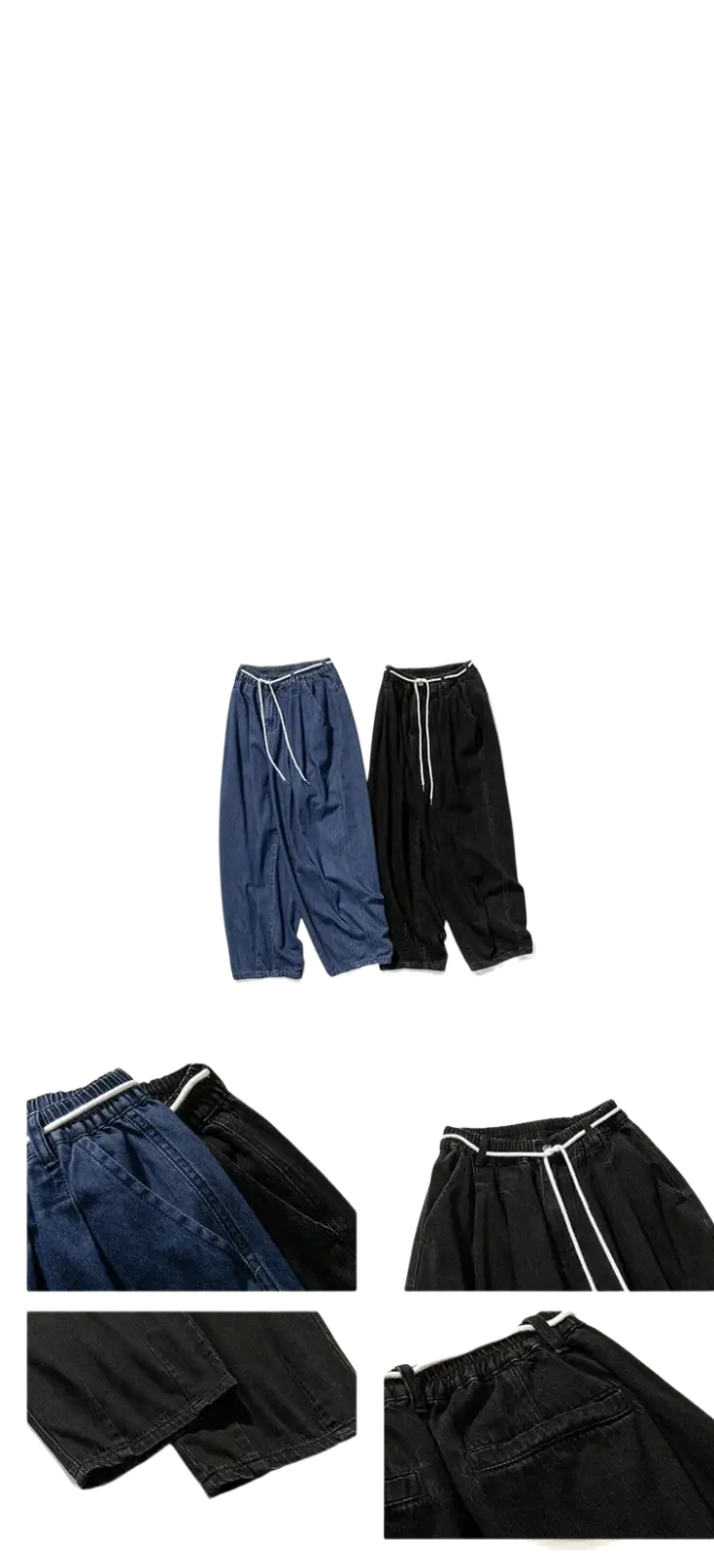 Men wide leg denim jeans loose hip hop trousers in dark blue and black with white drawstrings made of denim material