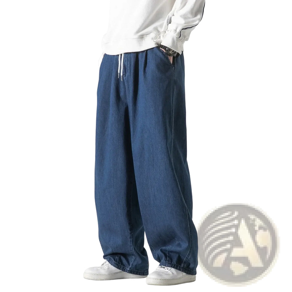 Dark blue denim jeans with relaxed wide-leg cut and white drawstrings for men hip hop loose trousers