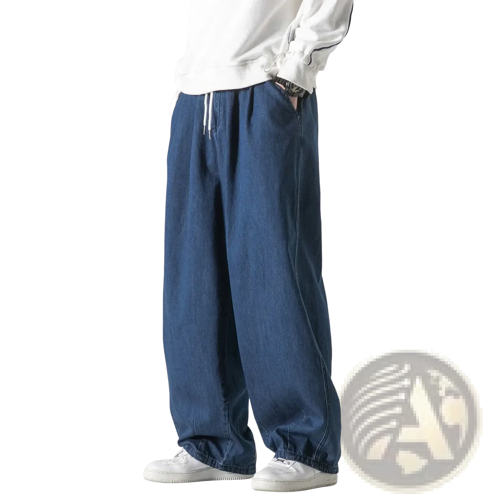 Dark blue denim jeans with relaxed wide-leg cut and white drawstrings for men hip hop loose trousers