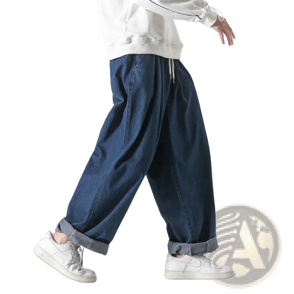 Dark blue denim men wide leg jeans with a relaxed wide-leg cut and rolled cuffs for loose hip hop style