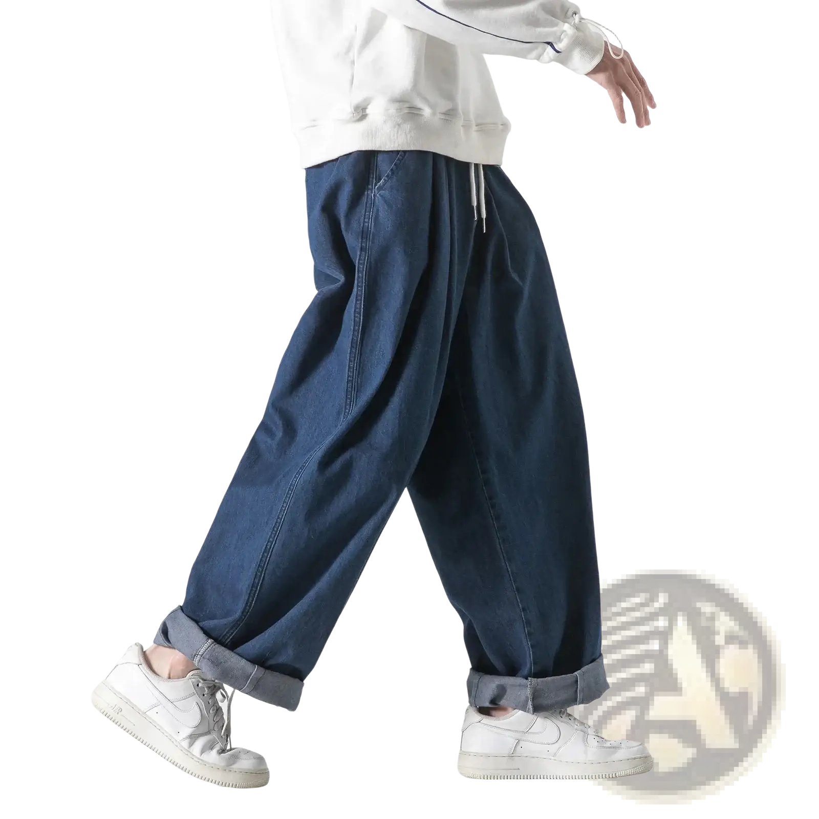 Dark blue denim men wide leg jeans with a relaxed wide-leg cut and rolled cuffs for loose hip hop style