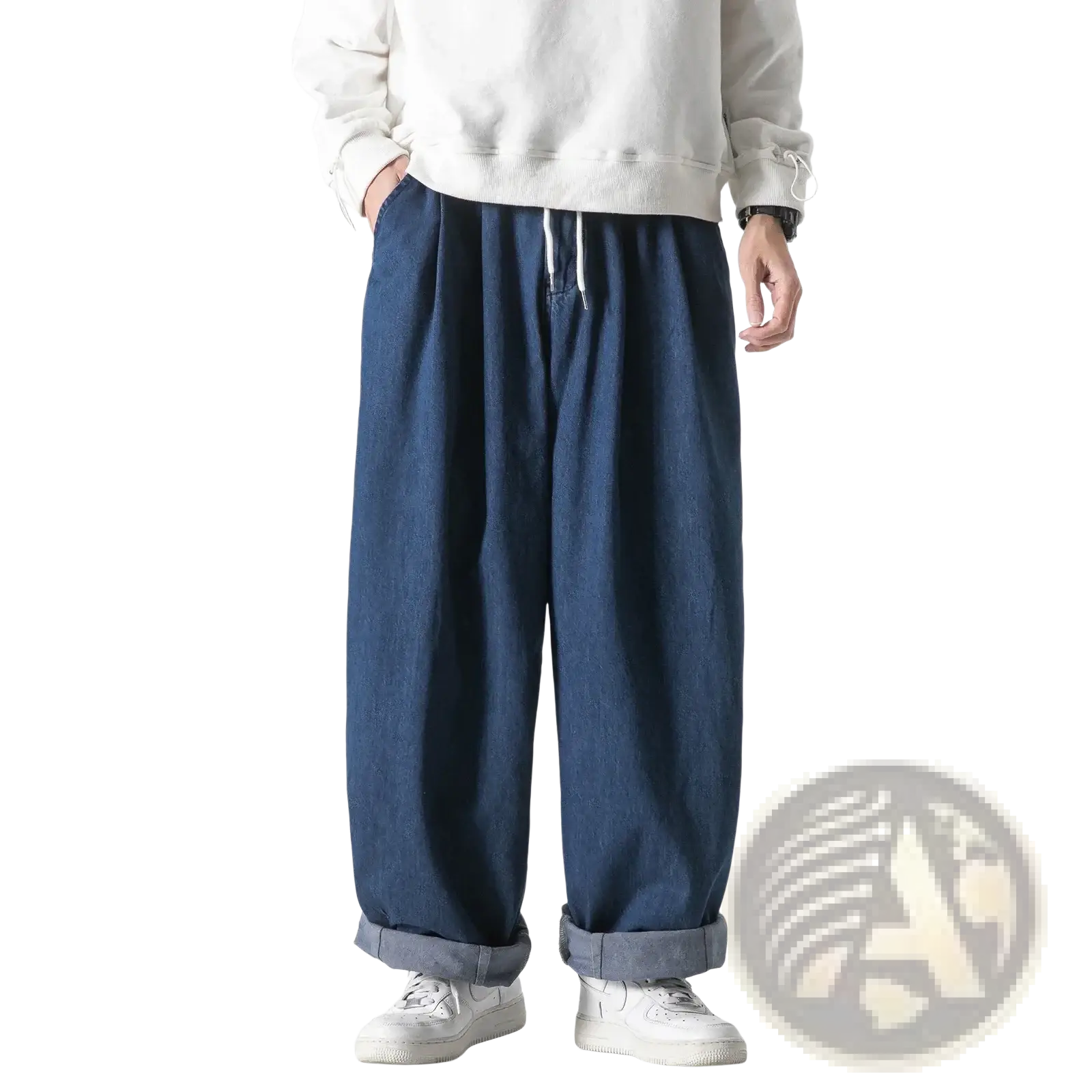Men wide leg denim jeans loose hip hop trousers in dark blue cotton with drawstring waist and rolled cuffs