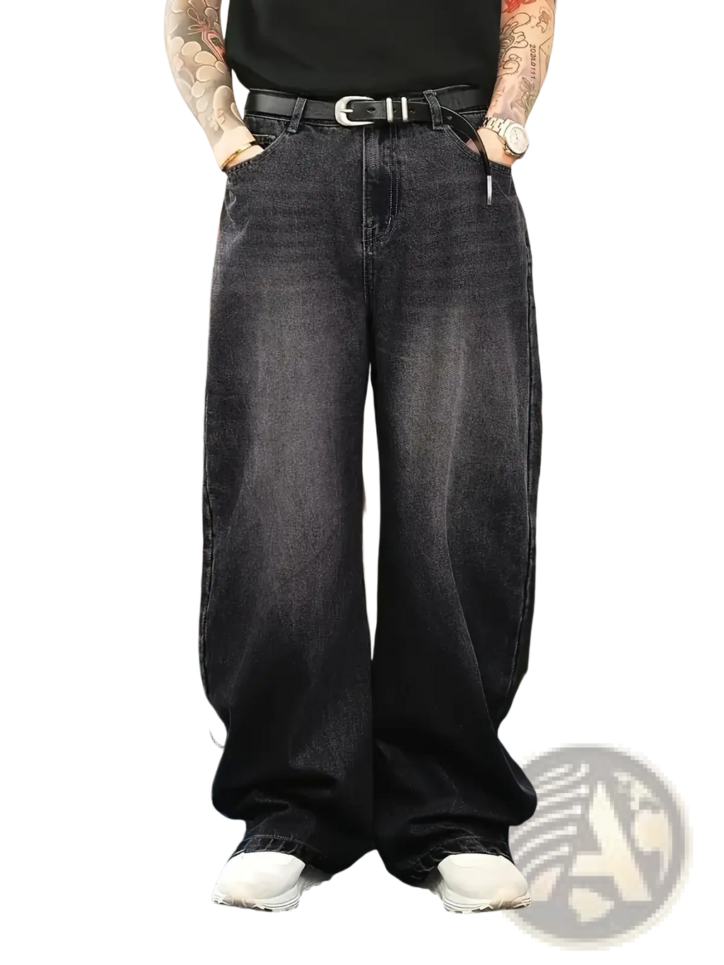 Men wide leg denim jeans in dark wash with black belt and silver buckle for loose retro streetwear style