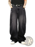 Men wide leg denim jeans in dark wash with black belt and silver buckle for loose retro streetwear style