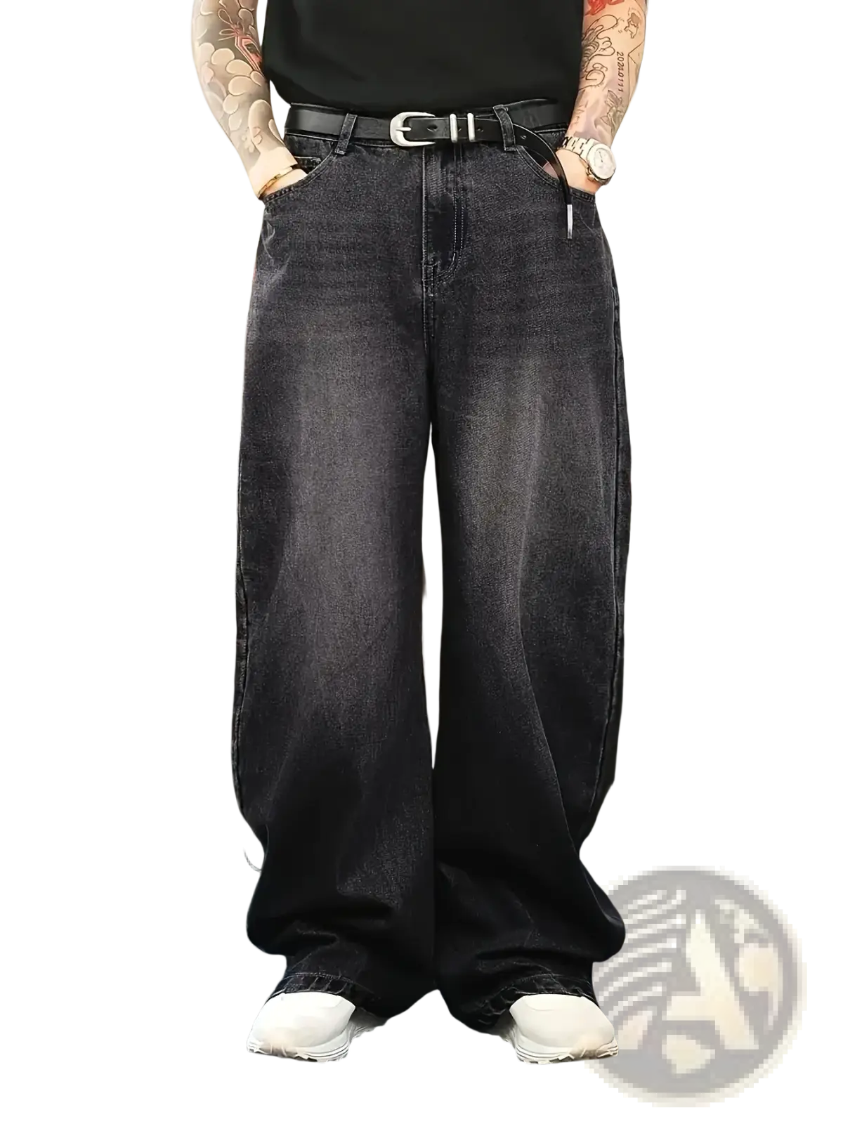 Men wide leg denim jeans in dark wash with black belt and silver buckle for loose retro streetwear style