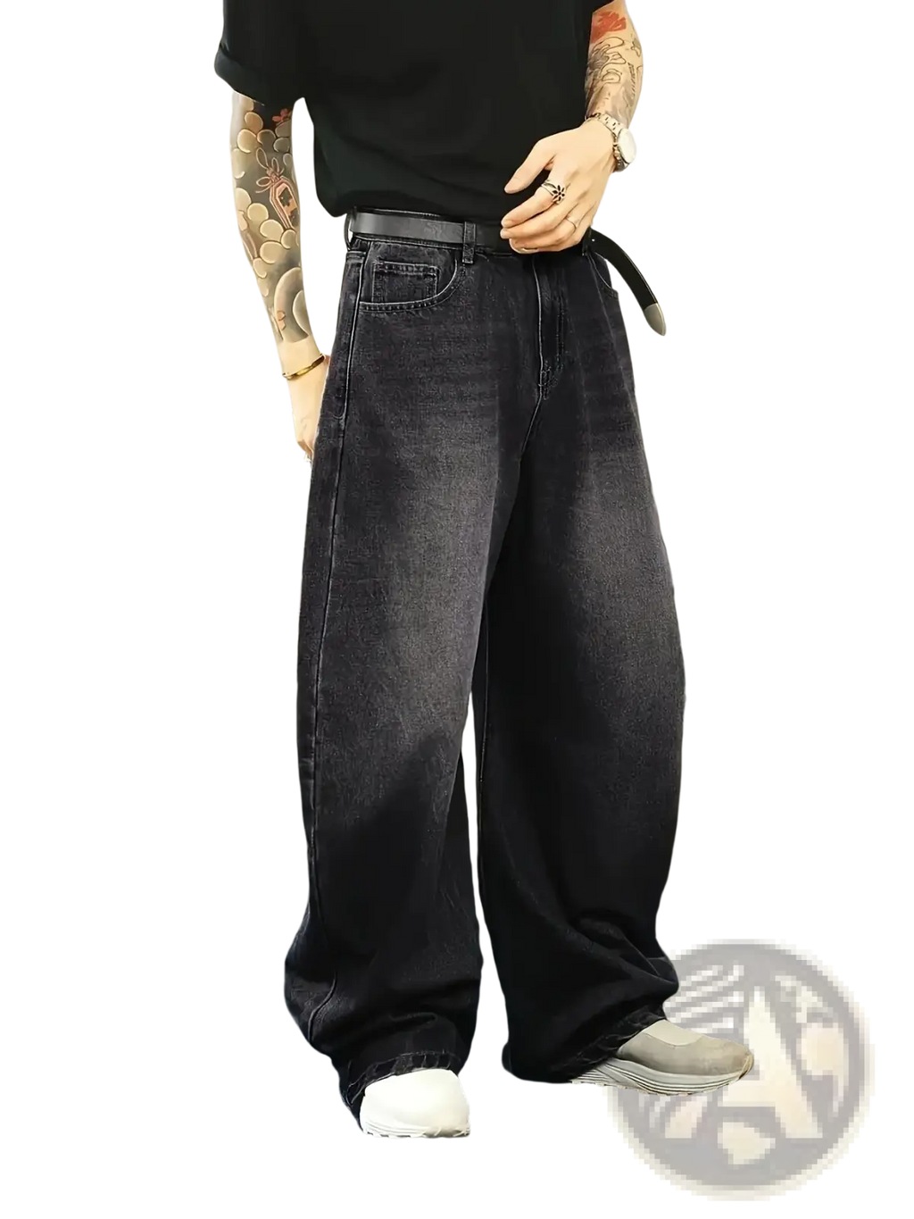 Men wide leg denim jeans in dark wash with wide-leg cut and belt loop detail for retro streetwear style