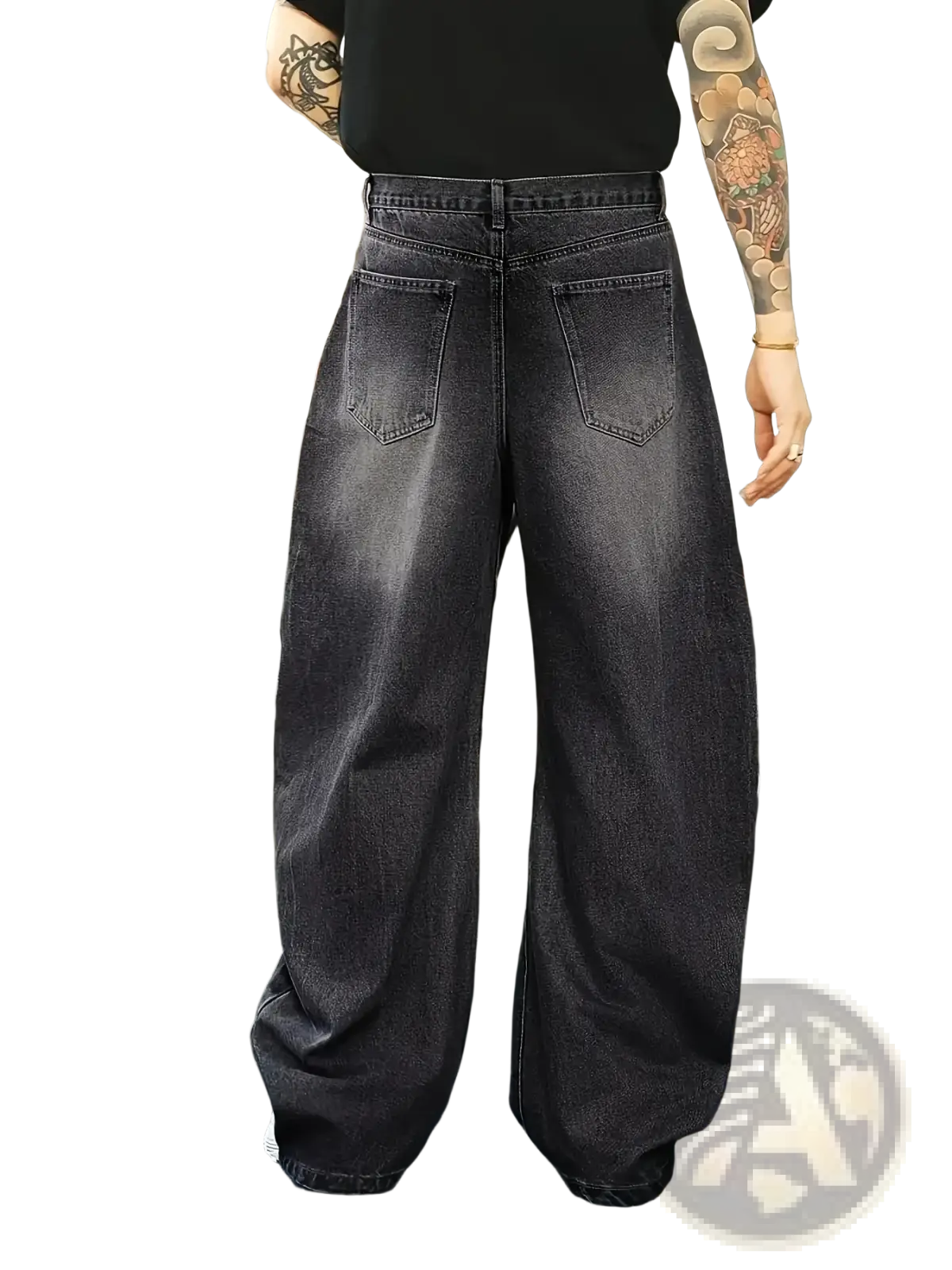 Dark-wash denim jeans for men with wide-leg cut loose retro streetwear style shown from the back side
