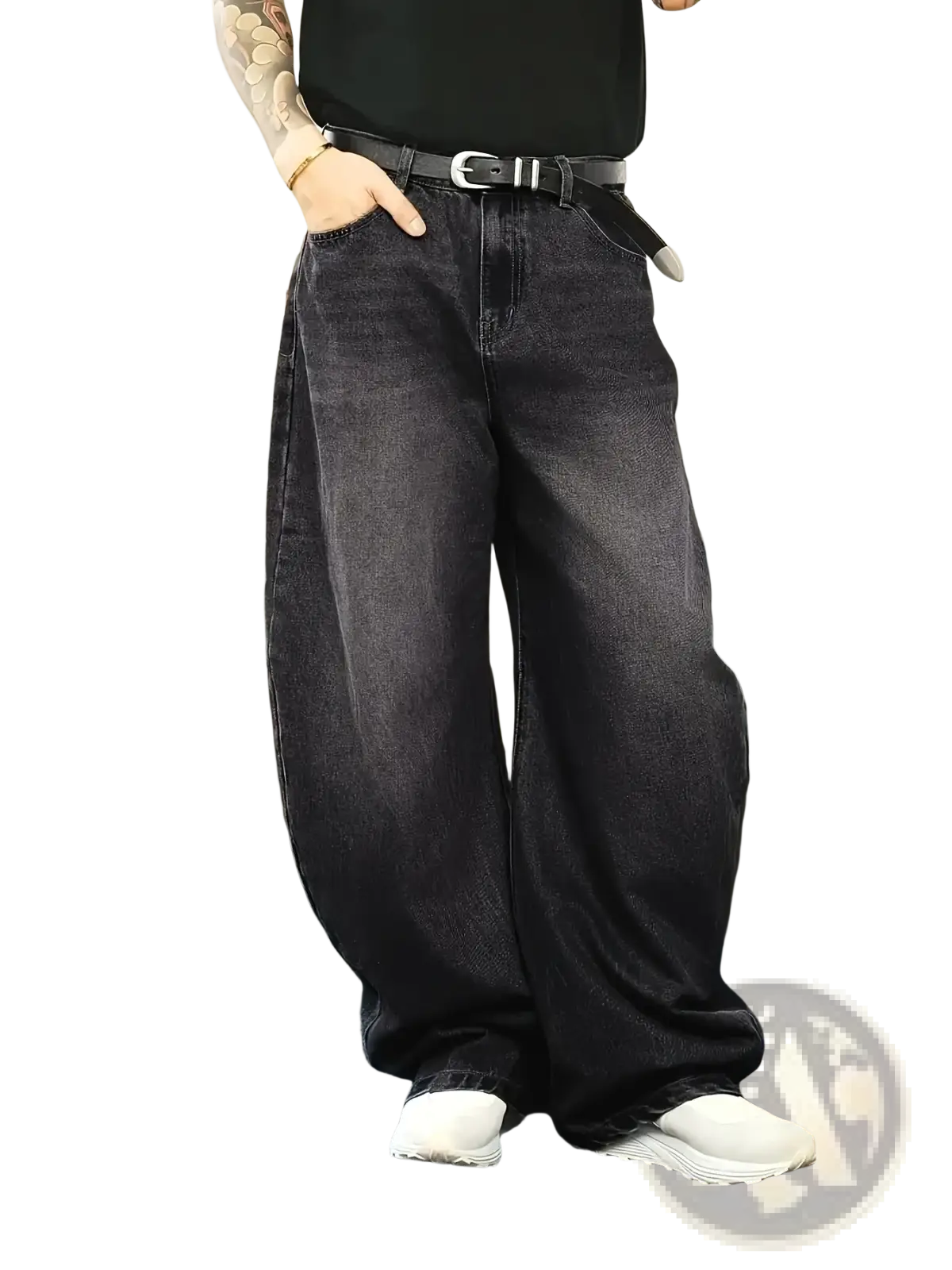 Men wide leg denim jeans in dark wash with relaxed tapered fit and visible stitching details for streetwear use