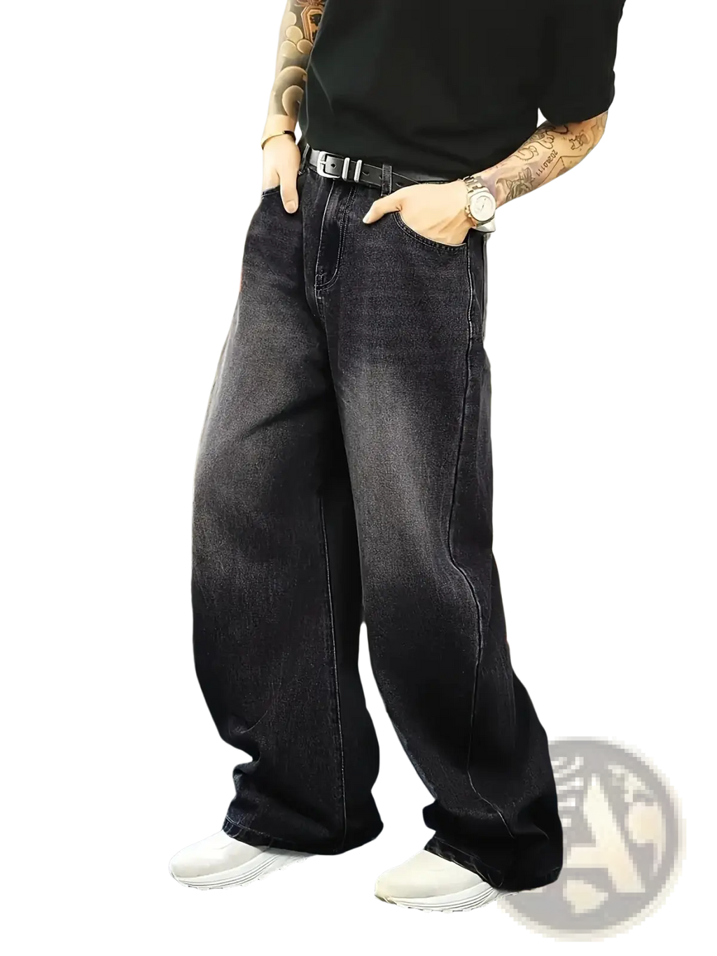 Dark-wash wide-leg denim jeans for men with loose retro streetwear fit and visible stitching details