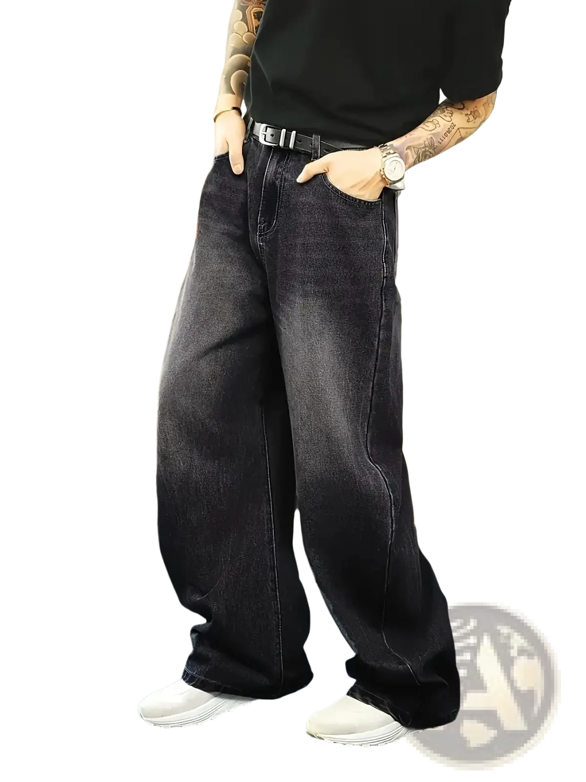 Dark-wash wide-leg denim jeans for men with loose retro streetwear fit and visible stitching details