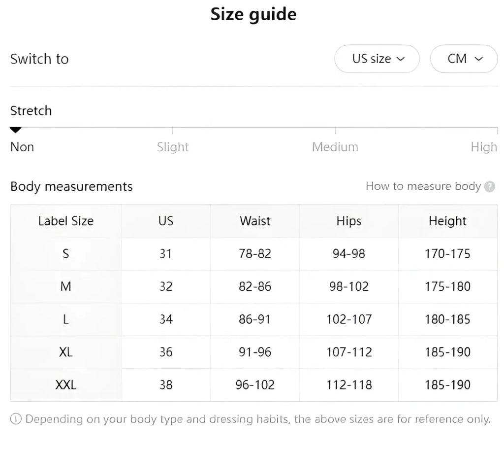 Size guide chart for men wide leg denim jeans displaying loose retro streetwear measurements in US and cm sizes from S to XXL