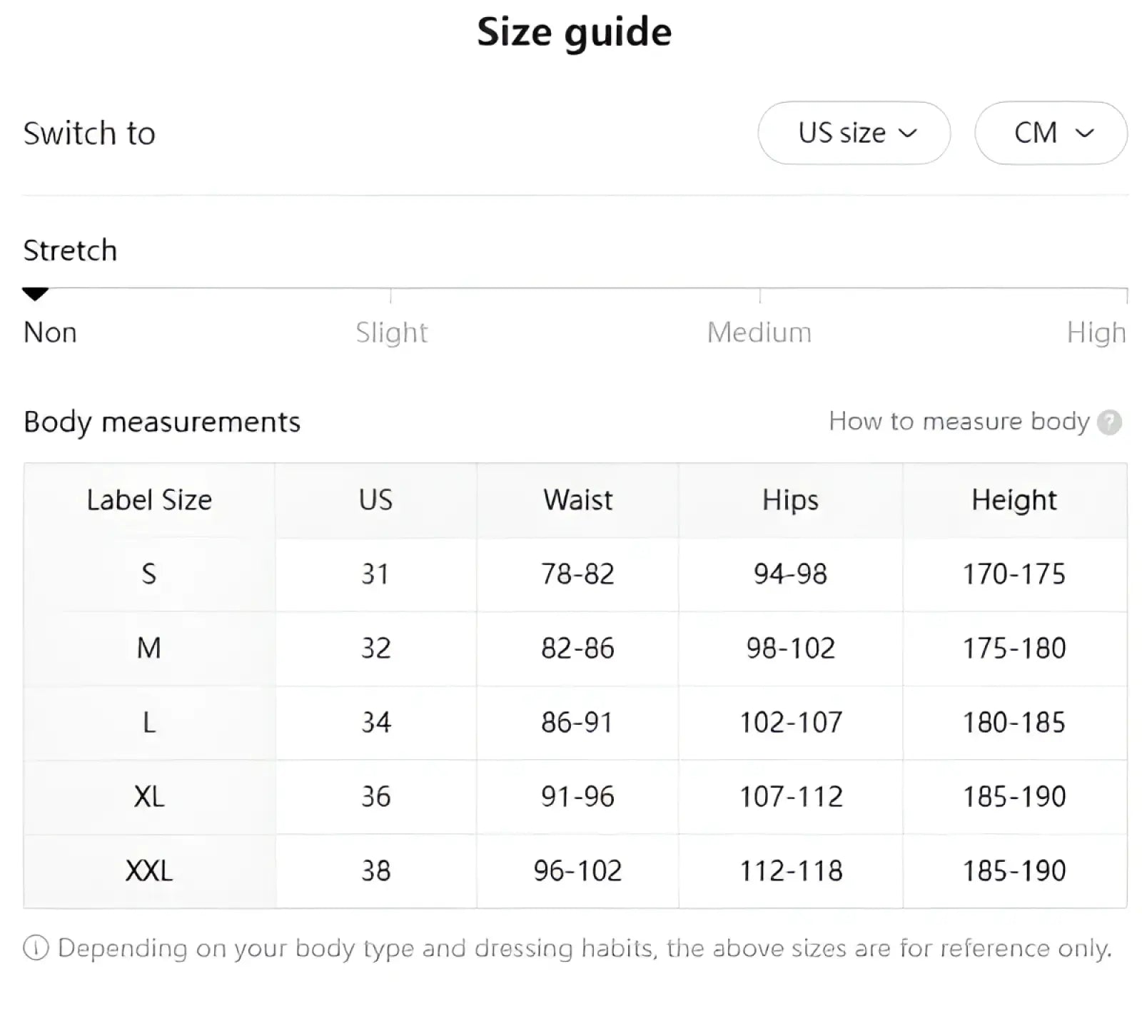 Size guide chart for men wide leg denim jeans displaying loose retro streetwear measurements in US and cm sizes from S to XXL