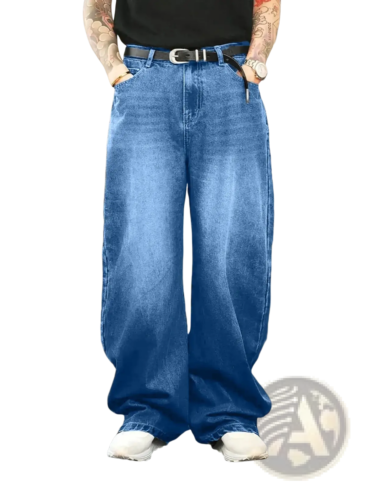 Men wide leg denim jeans in blue with black belt and silver buckle featuring loose retro streetwear style
