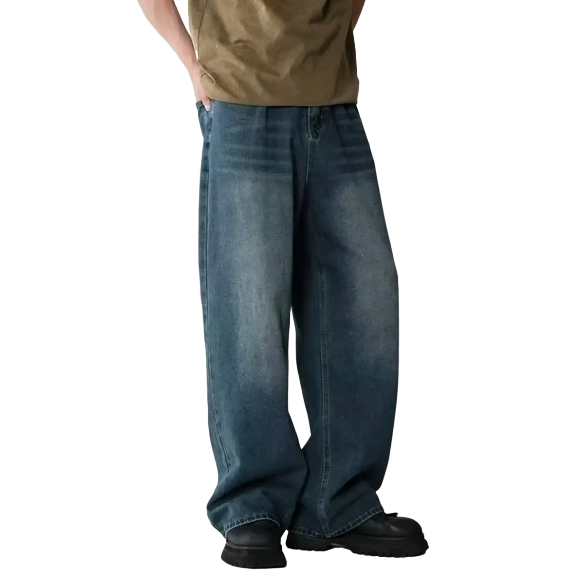 Men wide leg distressed denim jeans in faded medium blue wash with subtle whiskering and frayed hems