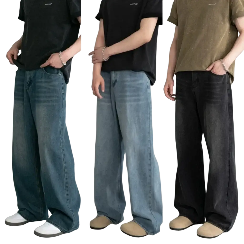 Men wide leg distressed denim jeans in classic blue light wash and dark black with relaxed fit and subtle fading details