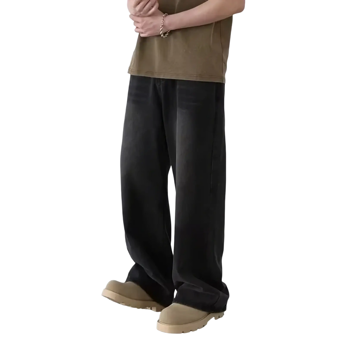 Men wide leg distressed denim jeans in black with a relaxed straight cut and subtle fading details visible from the back