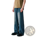 Men wide leg distressed denim jeans in faded blue wash with subtle distressing and relaxed straight-cut silhouette