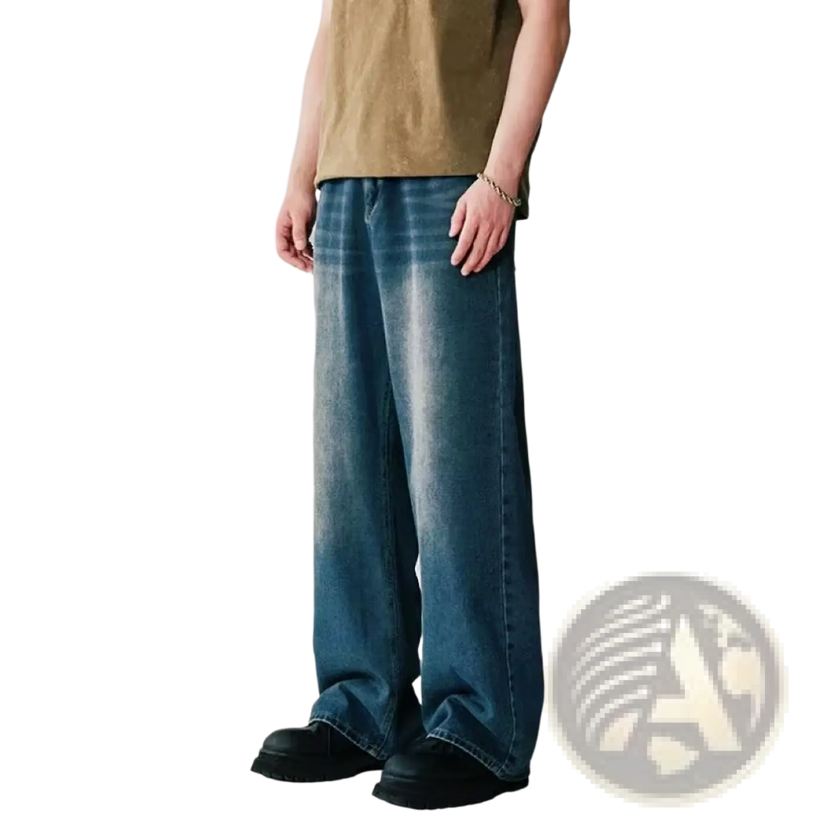 Men wide leg distressed denim jeans in faded blue wash with subtle distressing and relaxed straight-cut silhouette