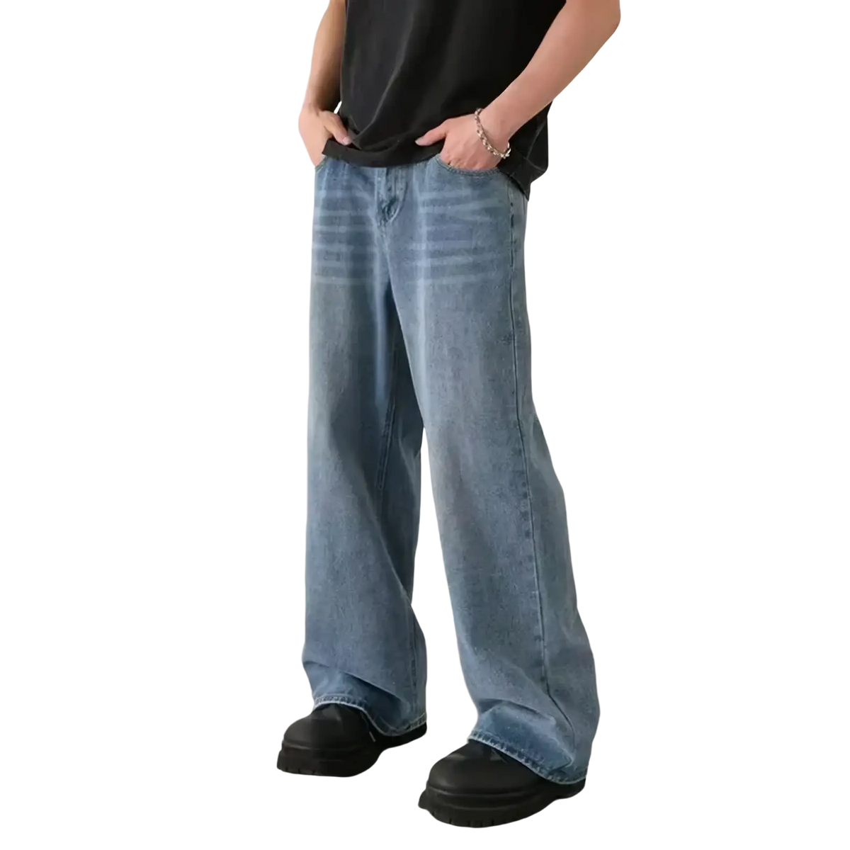Men wide leg distressed denim jeans in light wash with relaxed fit and subtle fading details on front side
