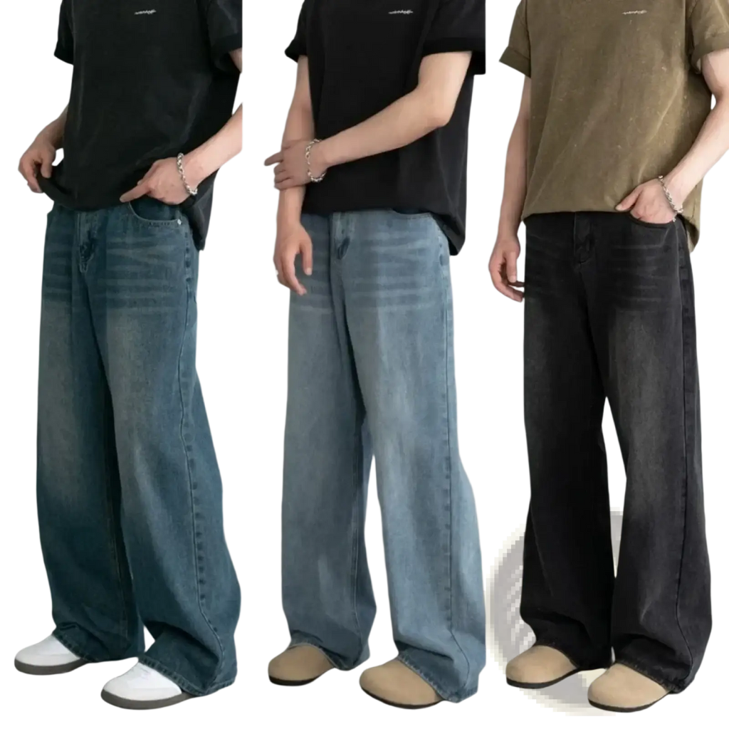 Men wide leg distressed denim jeans in classic blue light wash and dark black with relaxed fit and subtle fading details