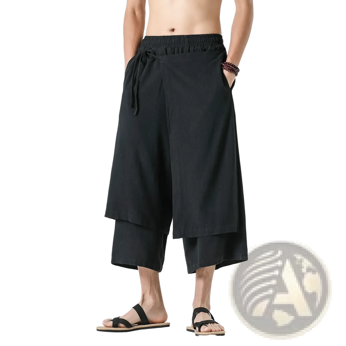 Black men wide leg harem pants with elastic waistband and drawstring made of cotton linen material