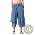 Men wide leg harem pants in blue cotton linen with drawstring waist and layered asymmetrical hem