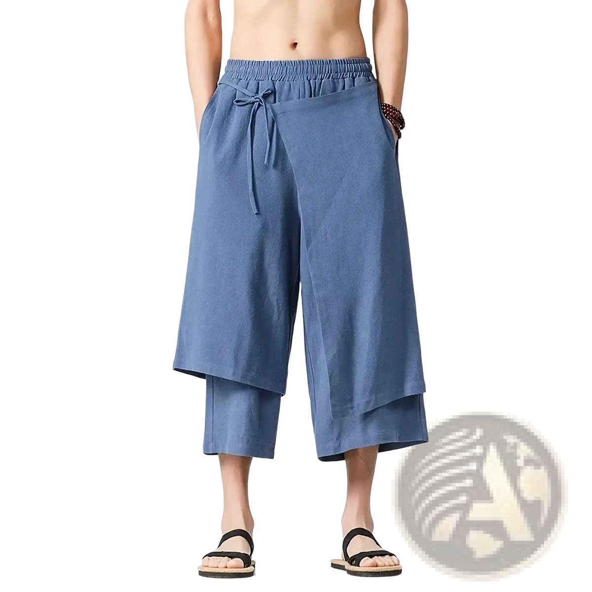 Men wide leg harem pants in blue cotton linen with drawstring waist and layered asymmetrical hem