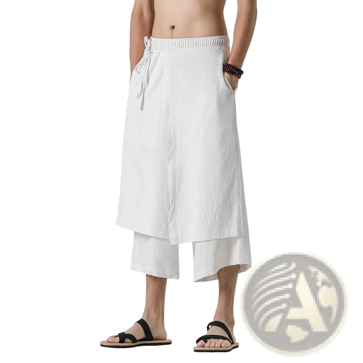 White linen men wide leg harem pants with drawstring waist and layered asymmetrical hem cotton skirt trousers