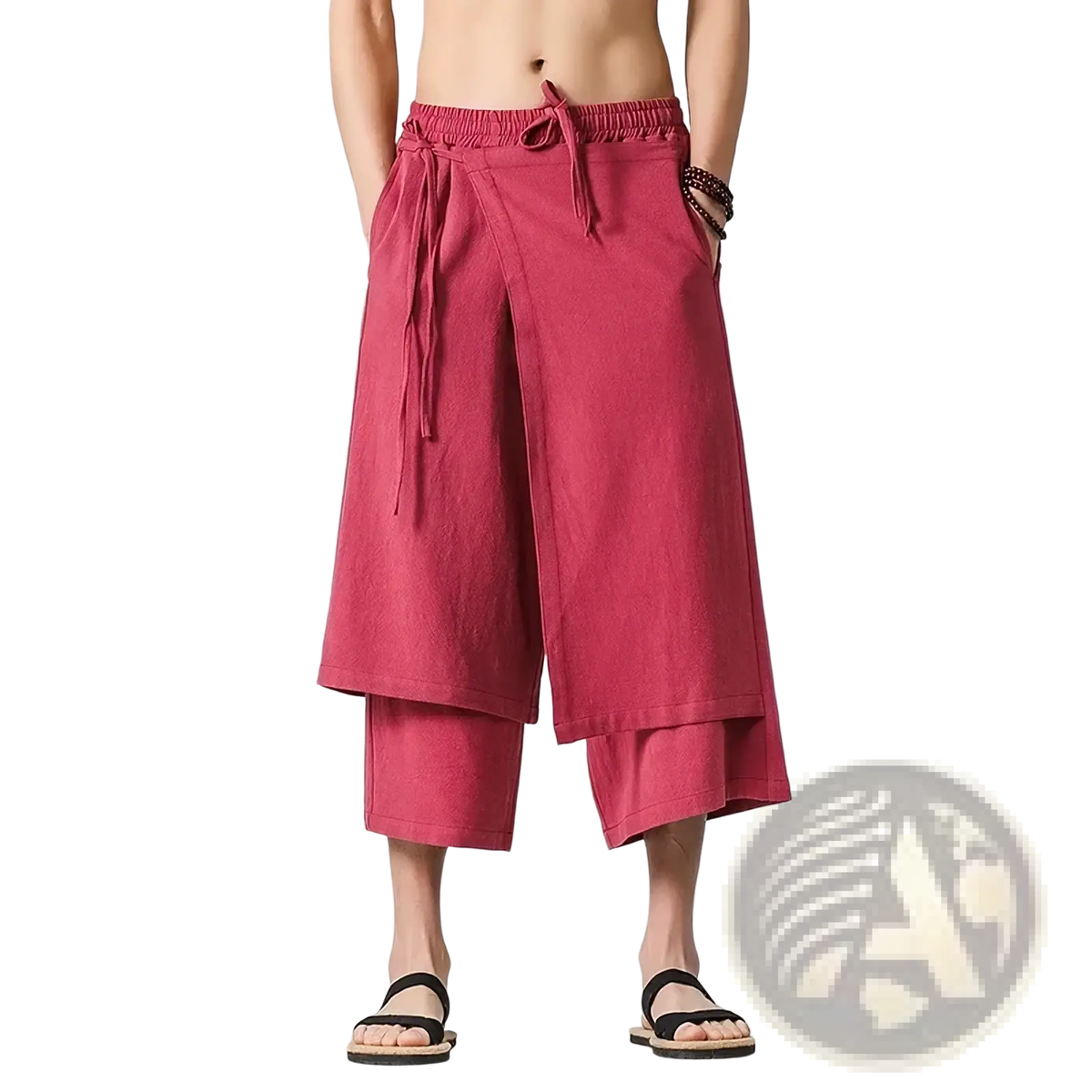 Men wide leg harem pants in crimson cotton linen with relaxed layered design and drawstring waistband