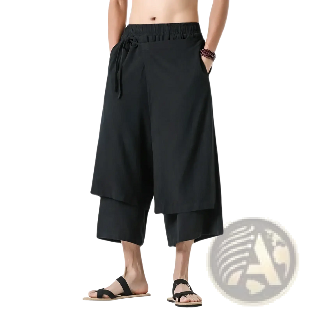 Men wide leg harem pants in black cotton linen with elastic waistband and drawstring feature loose fit layers