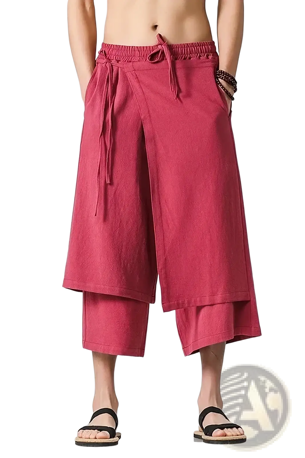 Men wide leg harem pants in vibrant red layered cotton fabric with elastic waistband and drawstring closure