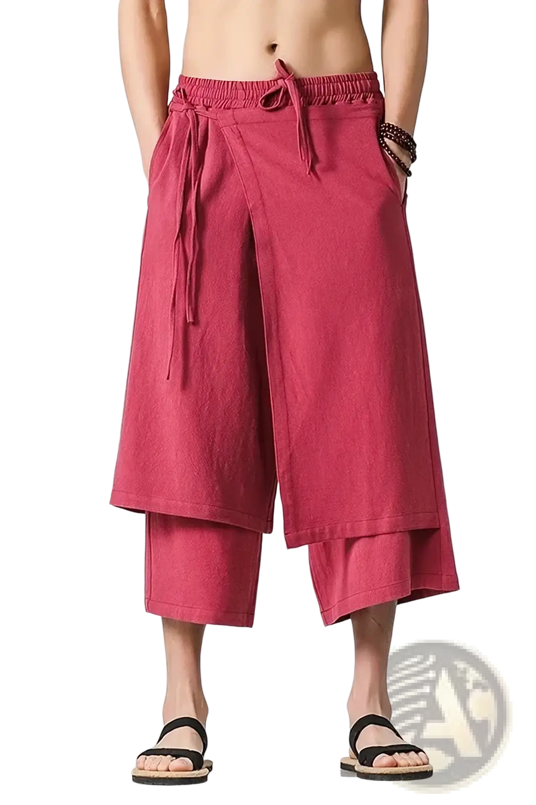 Men wide leg harem pants in vibrant red layered cotton fabric with elastic waistband and drawstring closure