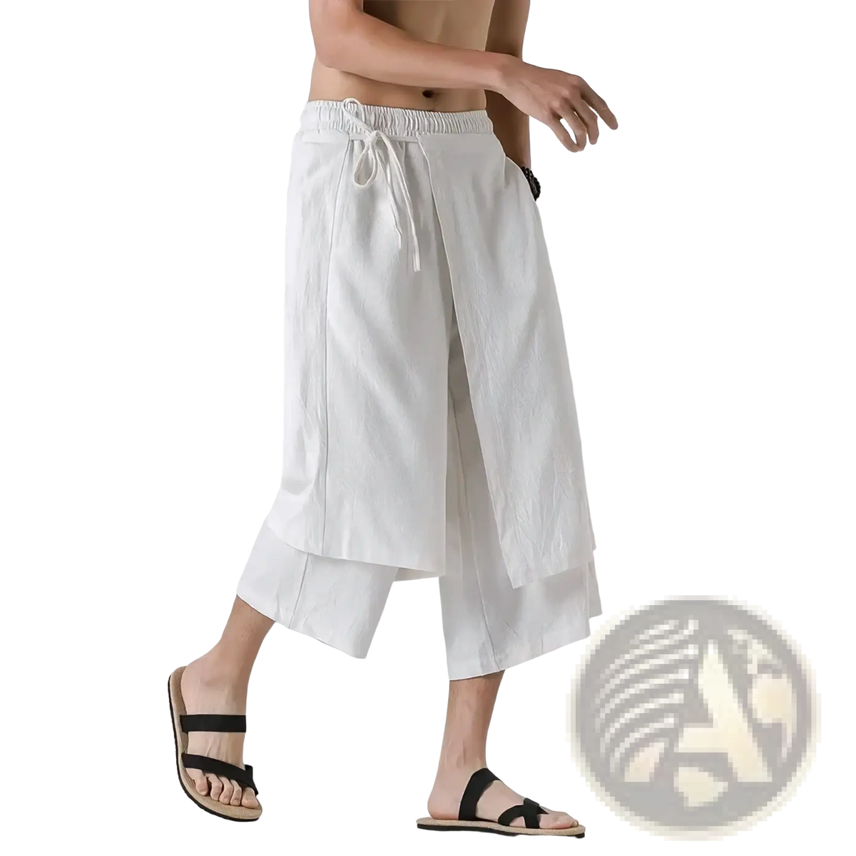 Men wide leg harem pants in white cotton linen with drawstring waist and layered asymmetrical hem